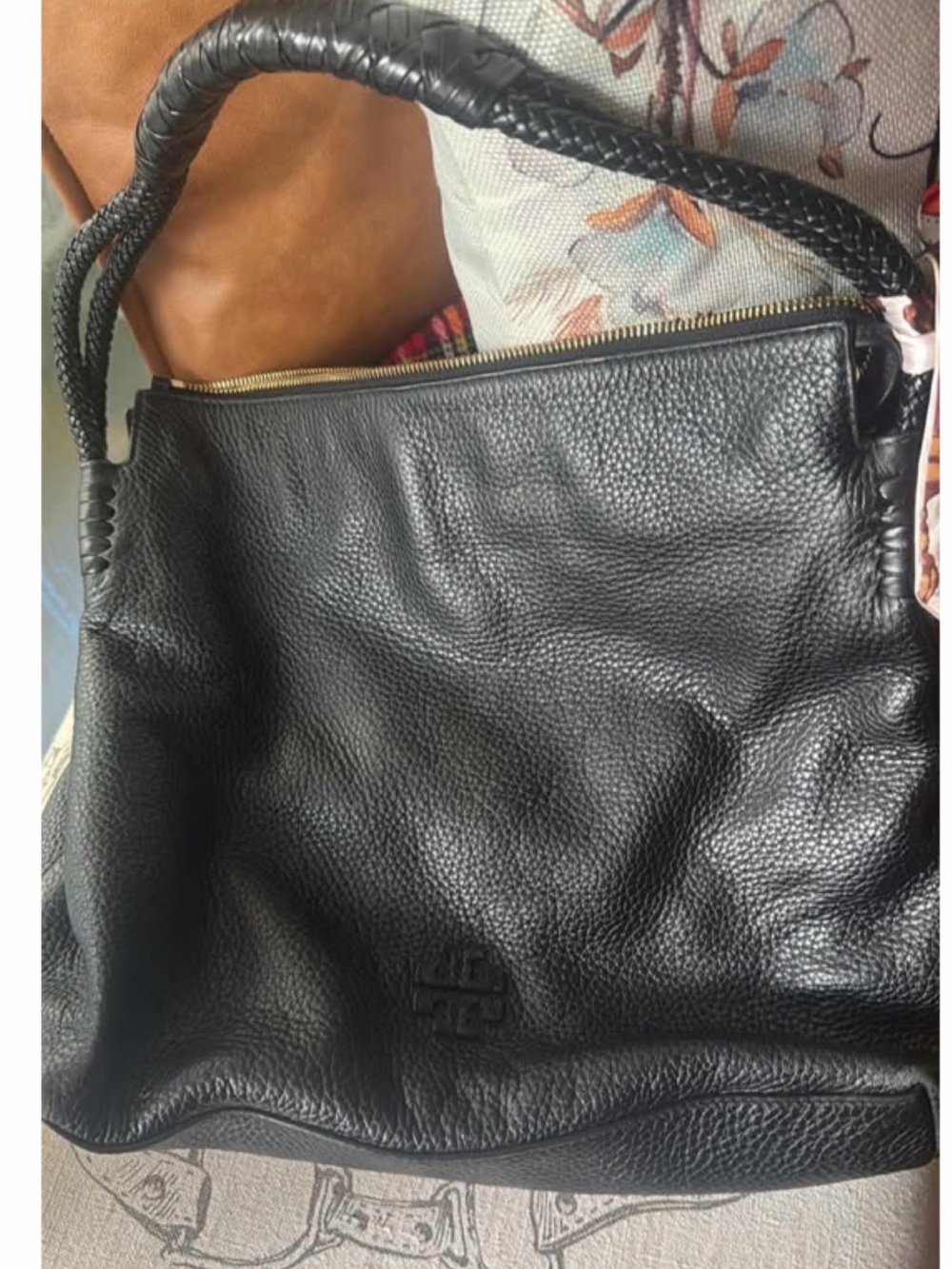 Tory Burch Black Leather Hobo Taylor Bag with Braided Handle & Tassel